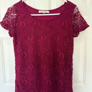Lace Short Sleeve Blouse - Deep Red